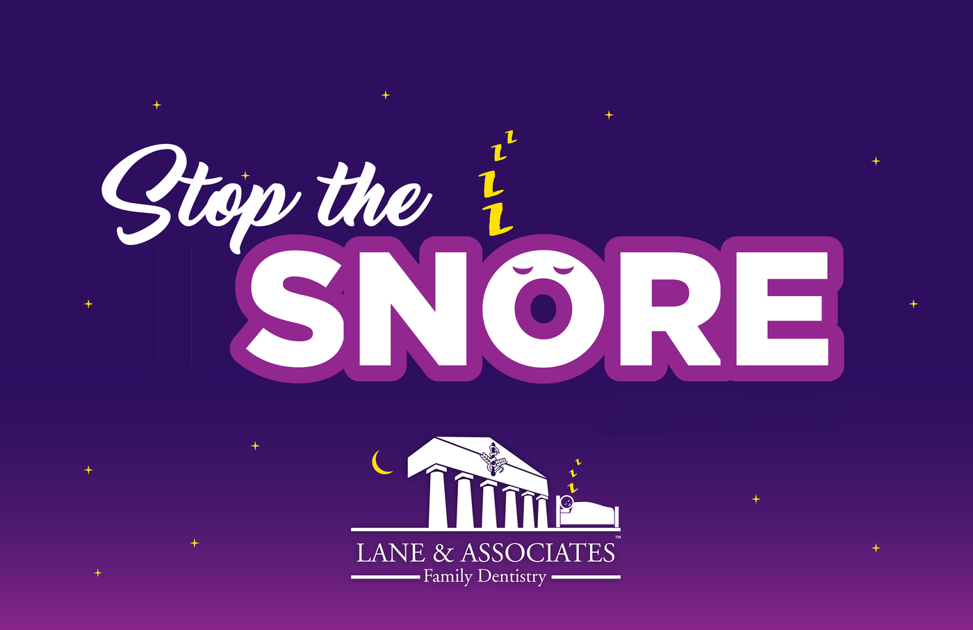 purple stop snoring logo with yellow z's and white lane and associates logo