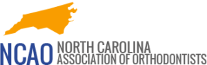 Bright orange North Carolina state symbol with blue writing NCAO North Carolina Association of Orthodontists