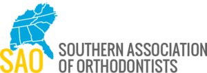 Bright blue and yellow with gray writing for Southern Association of Orthodontists logo showing part of the southern USA