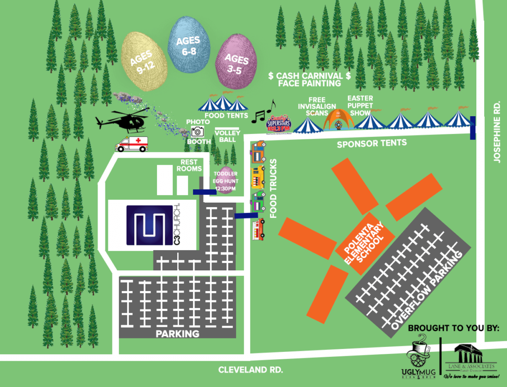 Green graphic Map of the Eggceptional Easter Eggstravaganza in Garner NC with all events and activities